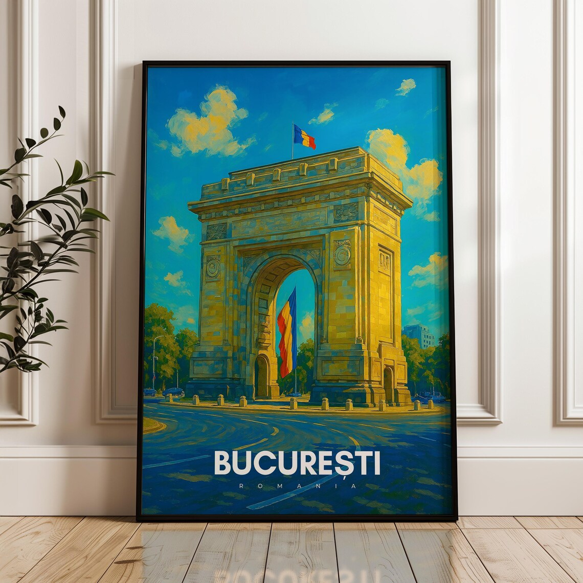 Bucharest Romania Travel Poster Arcul De Triumf Illustration