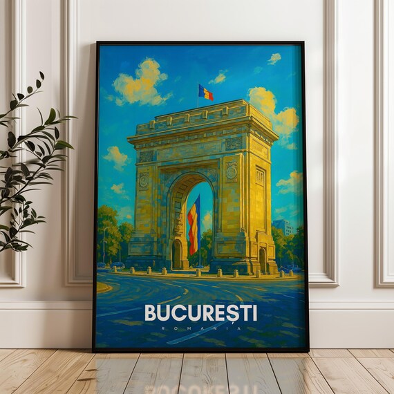 Bucharest Romania Travel Poster Arcul De Triumf Illustration