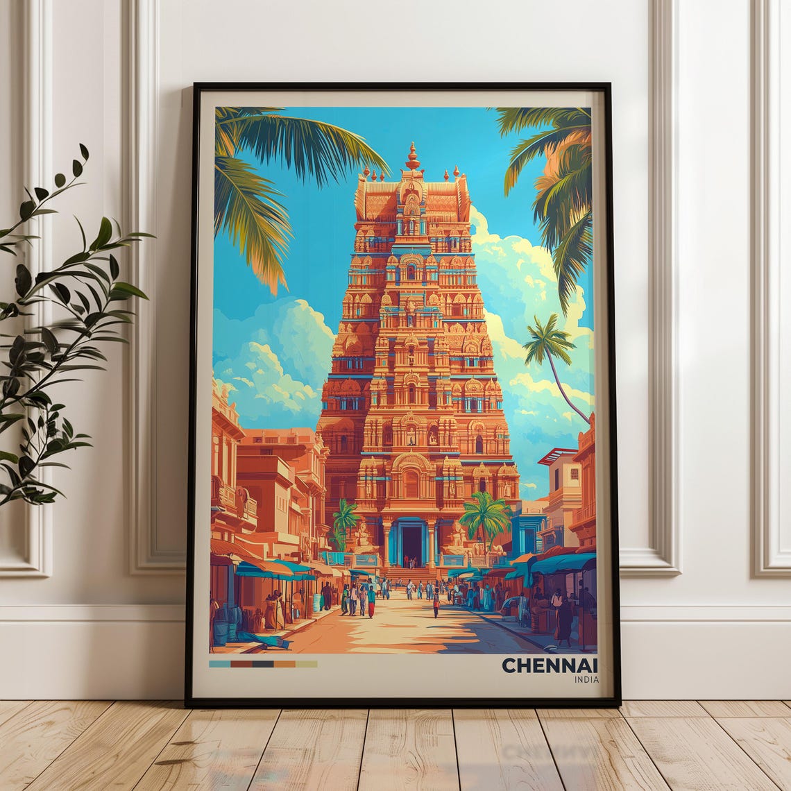 Chennai India Ornate Temple Tower Palm-Lined Street Travel Poster