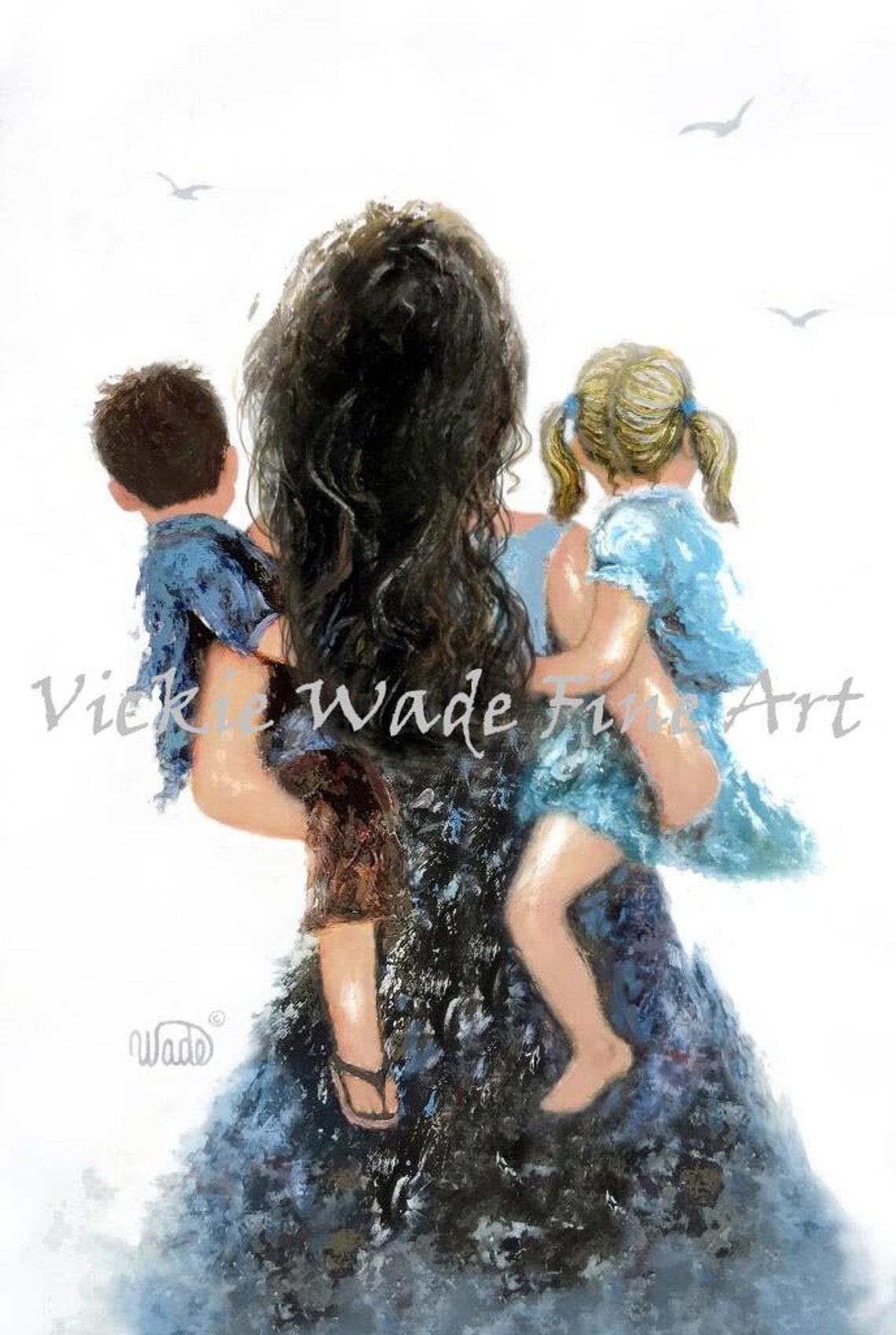 Mother Twin Boy And Girl Art Print Mom Carrying Twin Son And Daughter Brother And Sister Twins Vickie Wade Art
