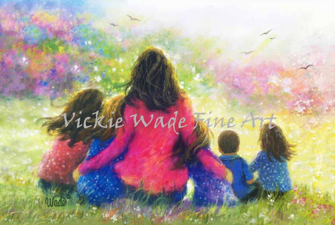 Mother with Five Children Sitting in a Sunny Wildflower Meadow Poster