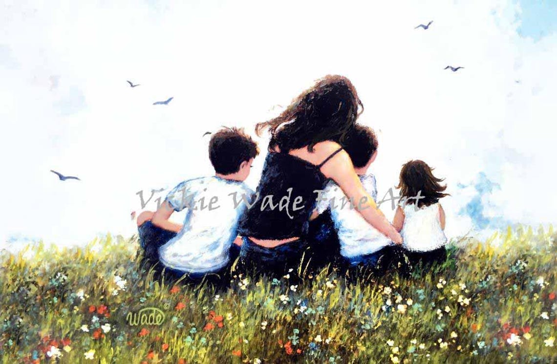 Mother Hugging Three Children Art Print Mom Two Sons And Little Daughter Two Boys And Girl Art Mother Painting Art Vickie Wade Art