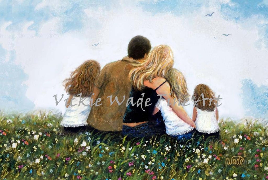 Parents with Three Daughters Sitting in a Wildflower Meadow Poster