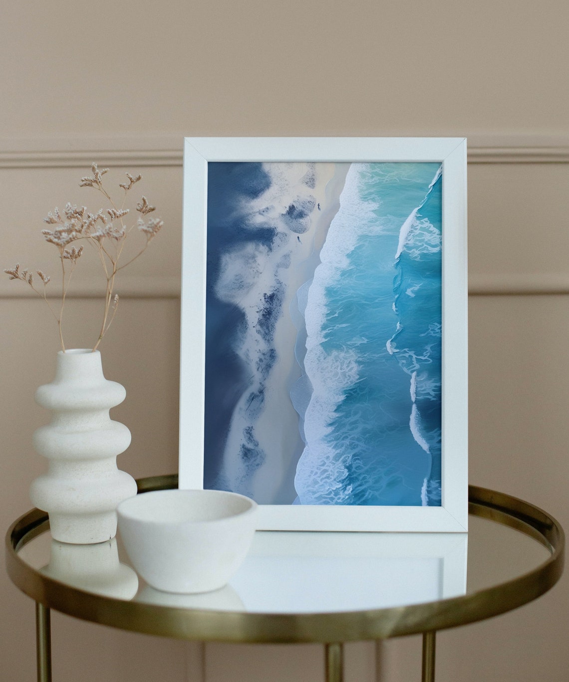 Aerial Ocean Waves Meeting Dark Sandy Shore Coastal Photo Poster - Image 3