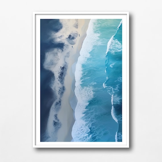 Aerial Ocean Waves Meeting Dark Sandy Shore Coastal Photo Poster