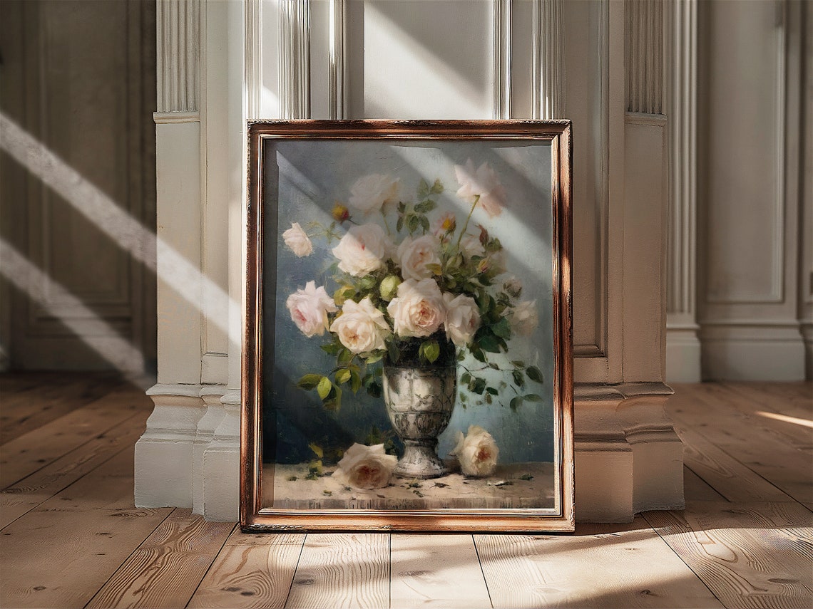 Vintage Flower Print Vintage Oil Painting Rose Painting Floral Still Life Painting Farmhouse Wall Decor - Image 3