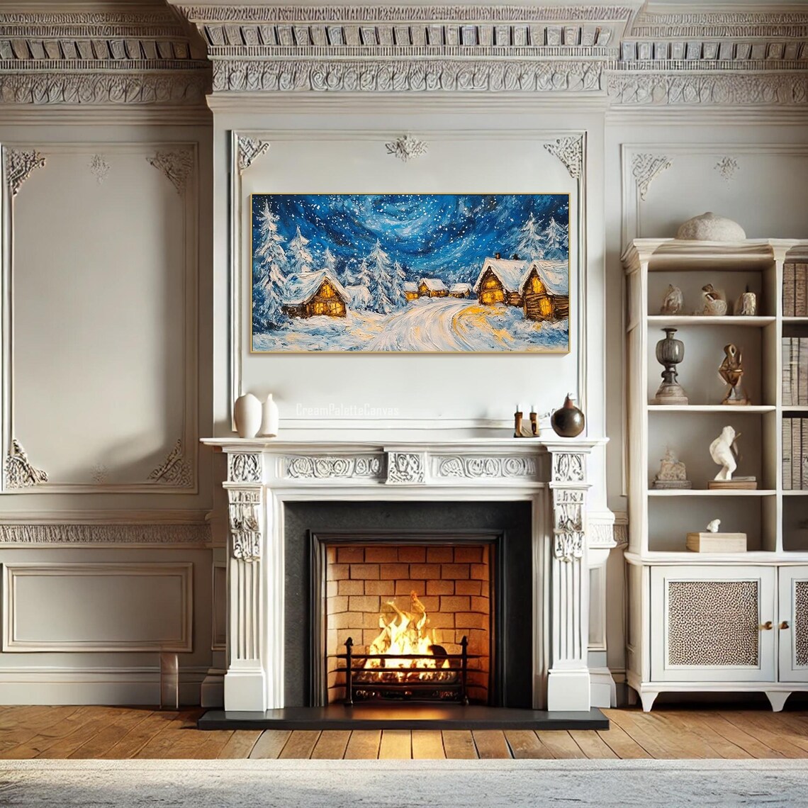 Cozy Winter Village Textured Oil Painting On Snowy Night Scene Wall Art Lit Cabins Landscape Painting Large Winter Living Room Decor - Image 2