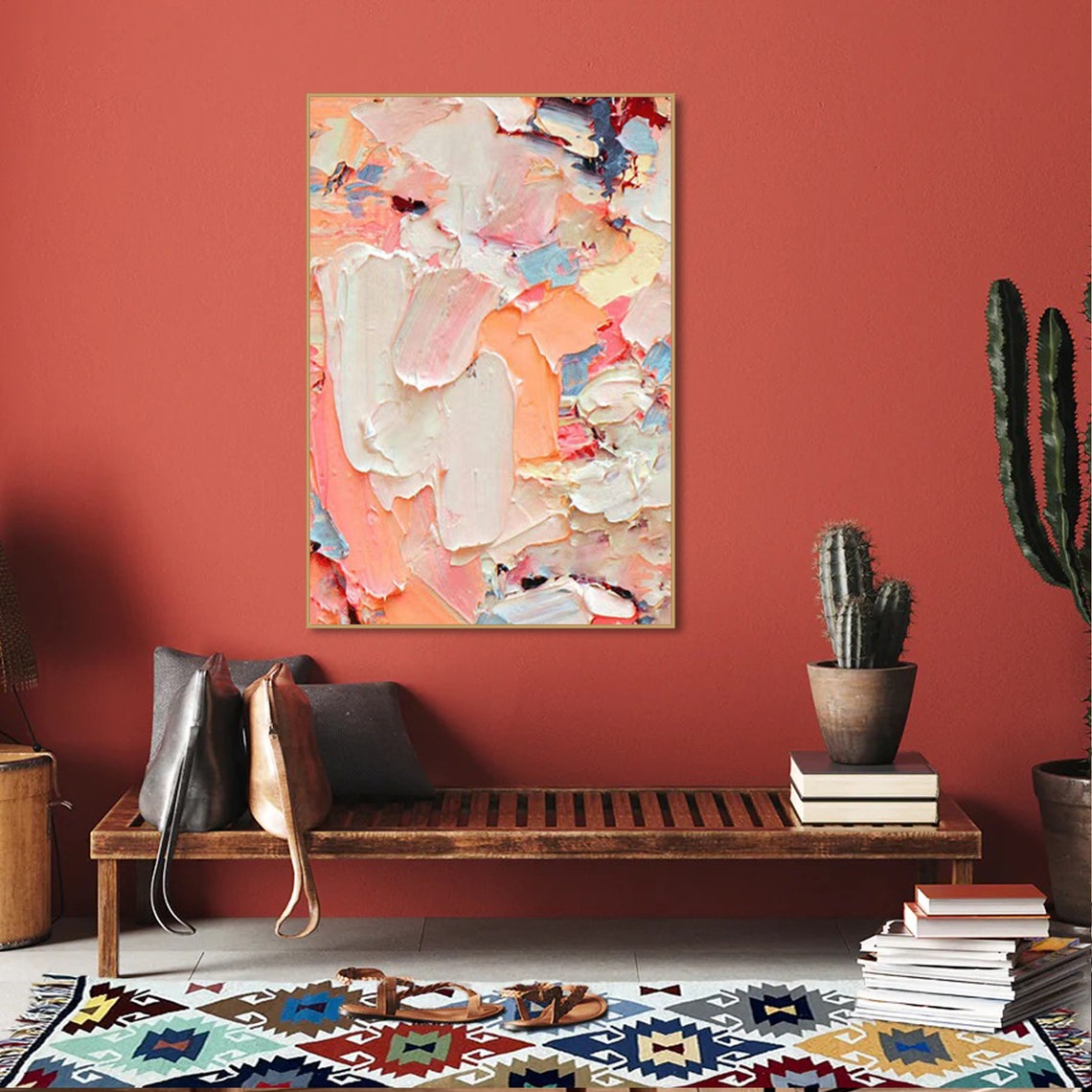Calming Abstract Pastel Impasto Textured Coral Cream Modern Art Poster - Image 3