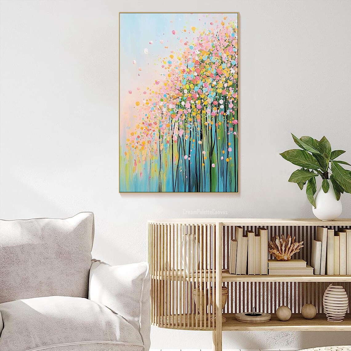 Confetti Blossom Trees Pink Yellow Dots Textured Oil Painting Wall Art - Image 3
