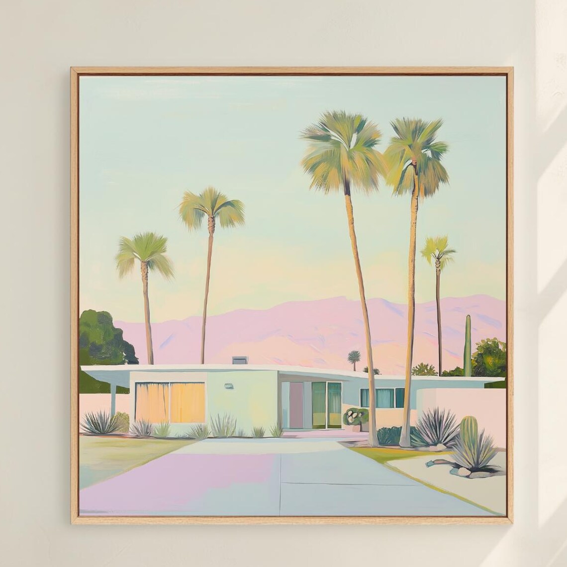 Midcentury Modern Palm Trees Pink Mountains Desert Home Wall Art