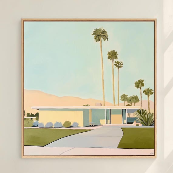 Palm Springs House Canvas Art Modern Desert Architecture Midcentury Style Wall Decor For Living Room Office And Bedroom Vibrant Artwork