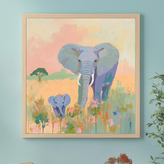Mother And Baby Elephant Wall Art Vibrant Safari Landscape Modern Artwork For Instant Nursery Room Newborn