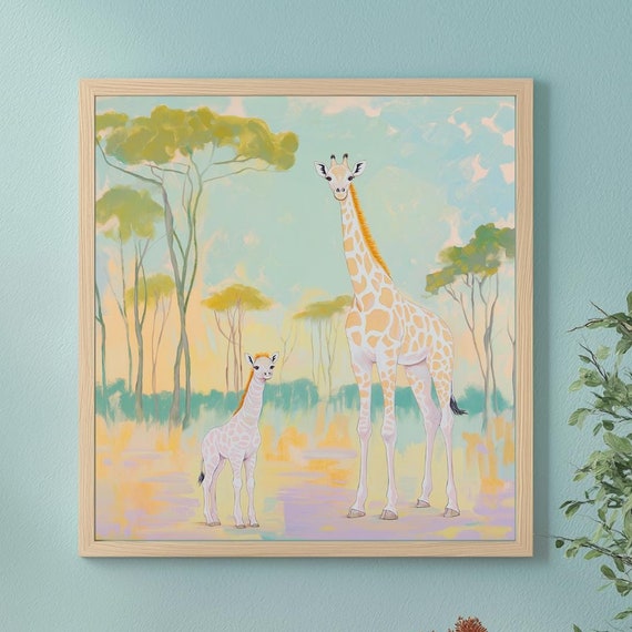 Mother And Baby Giraffe Wall Art Whimsical Safari Landscape Vibrant Artwork For Instant