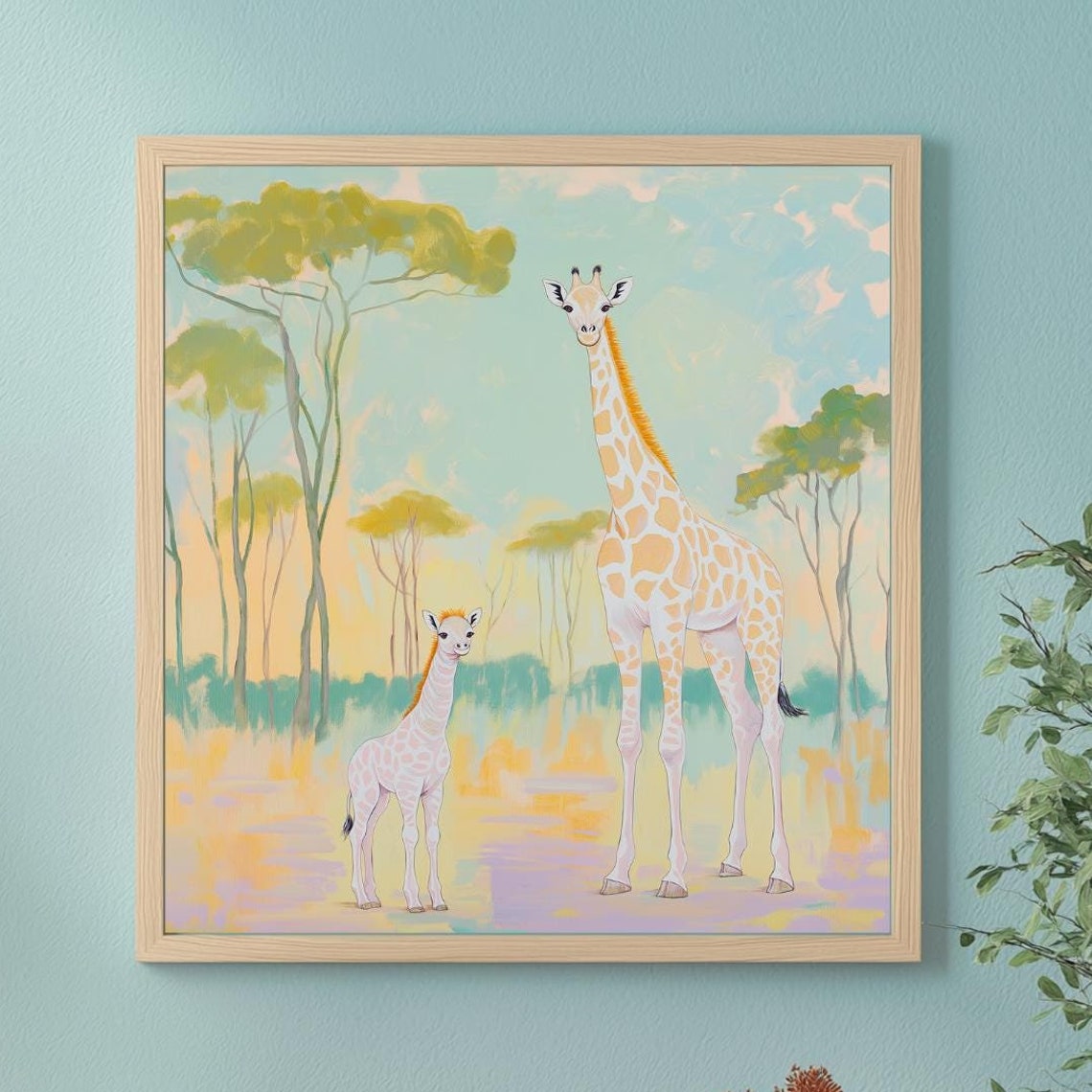 Mother And Baby Giraffe Wall Art Whimsical Safari Landscape Vibrant Artwork For Instant