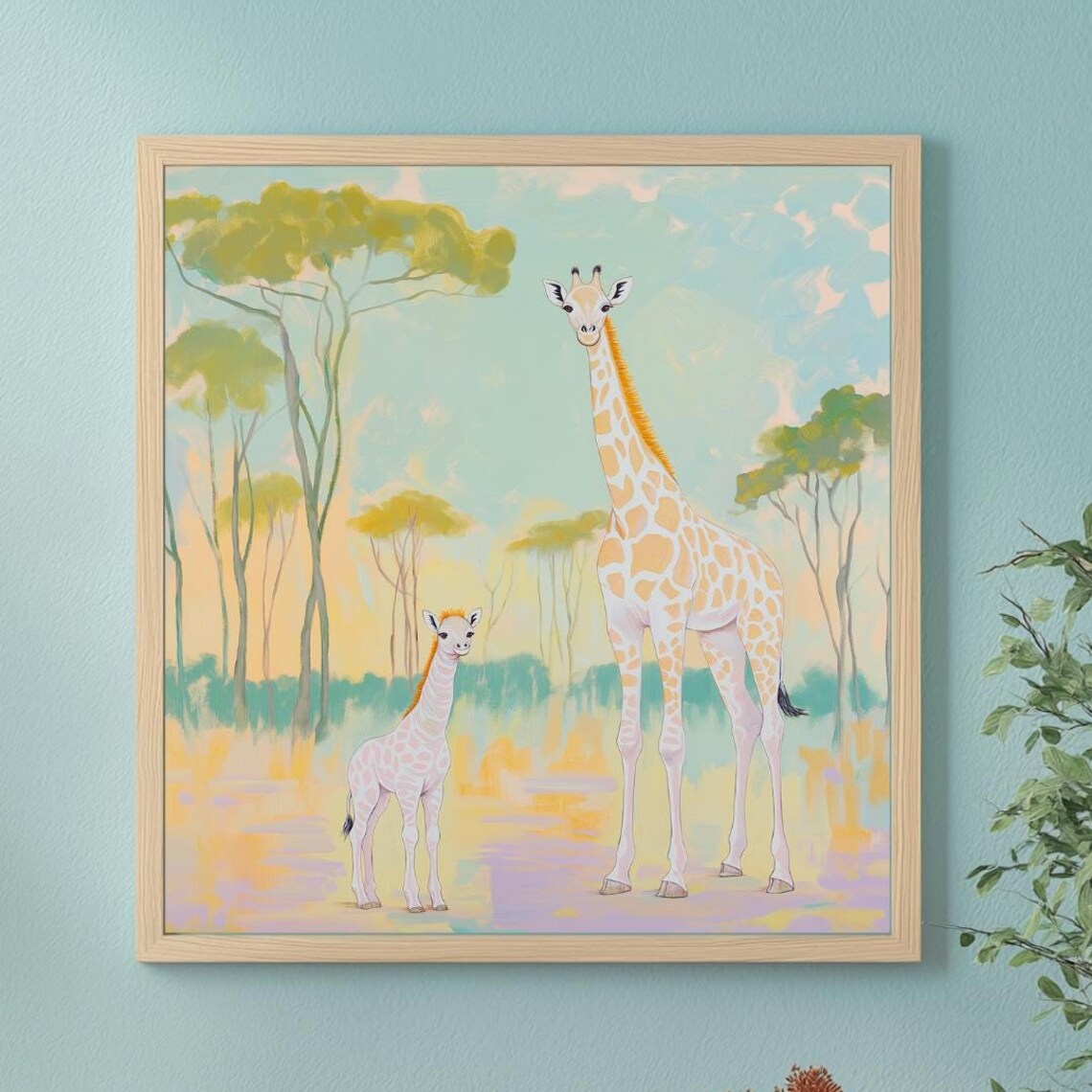 Sweet Mother And Baby Giraffe Pastel Safari Painting Wall Art