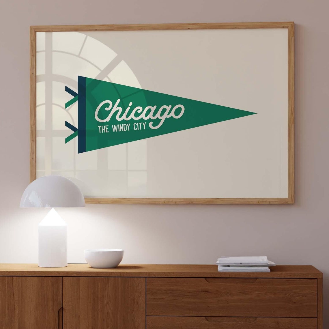 Chicago The Windy City Green Pennant Flag Vintage Travel Poster