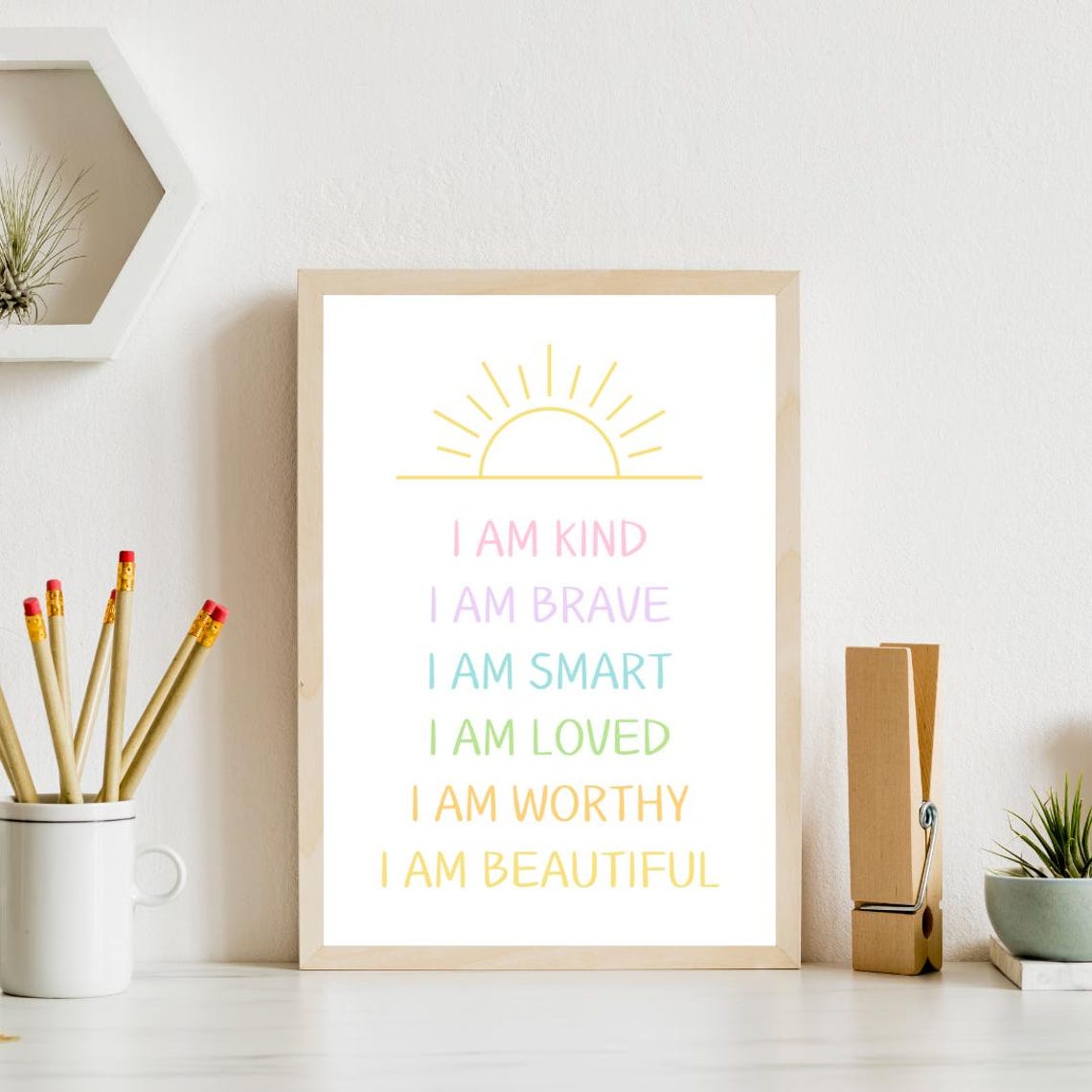I Am Kind Brave Smart Loved Worthy Kids Affirmation Rainbow Poster - Image 4