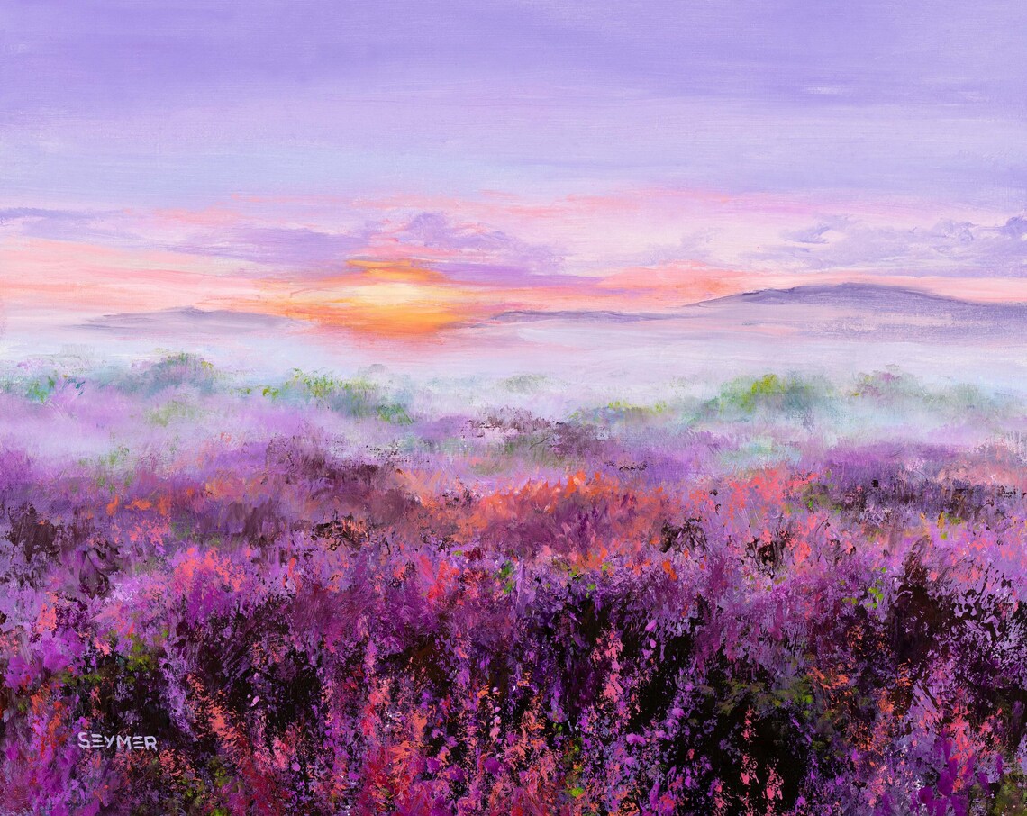 Purple Flowers Field Art Print, Pink Heather Meadow