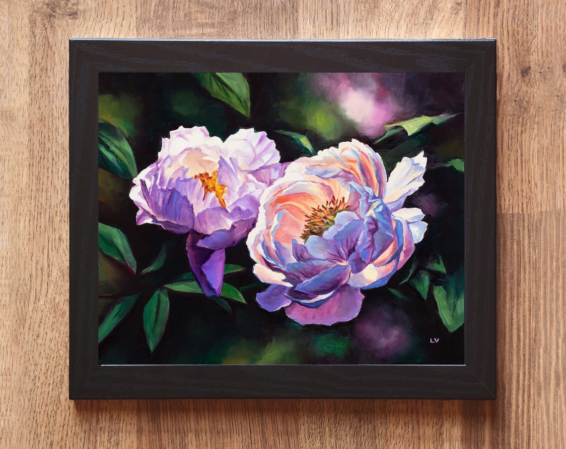 Pink Peony Blossoms Blooming Against a Dark Shadowy Garden Poster
