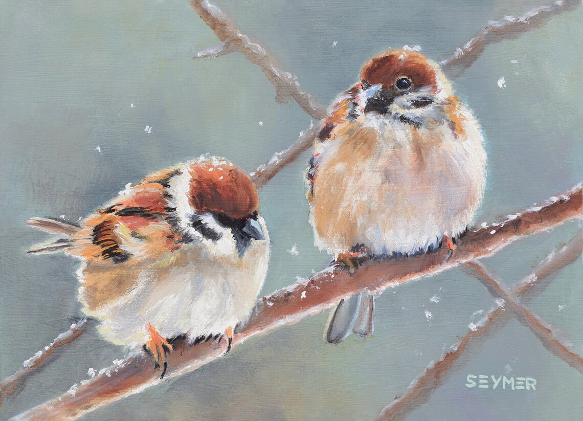 Sparrow Couple Oil Painting, Nature Nursery Art Print