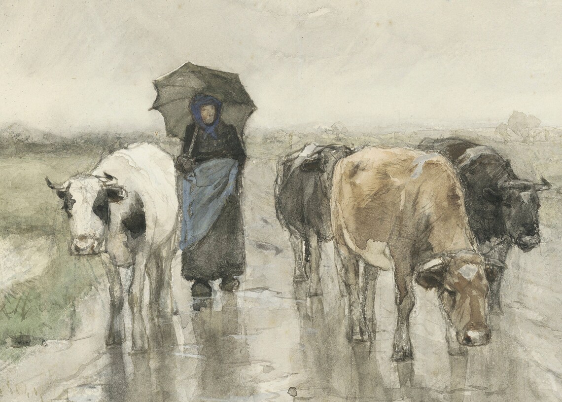 Vintage Woman with Umbrella Leading Cows on Rainy Road Art Poster - Image 2