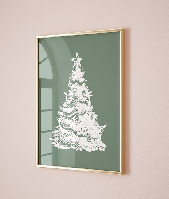 Sage Green Christmas Tree Vintage Holiday Art Print
