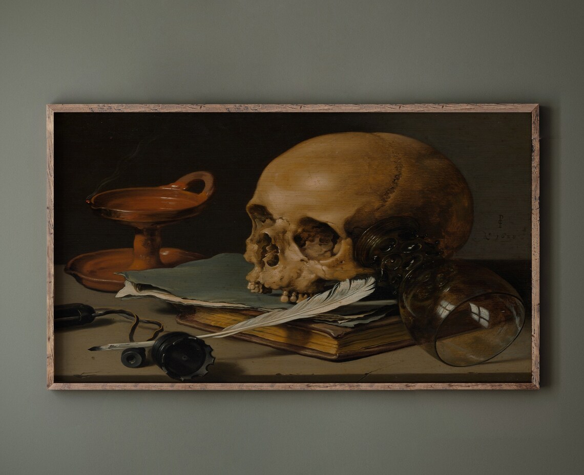 Skull Vanitas Still Life Oil Lamp Moody Dark Academia Art Poster - Image 2