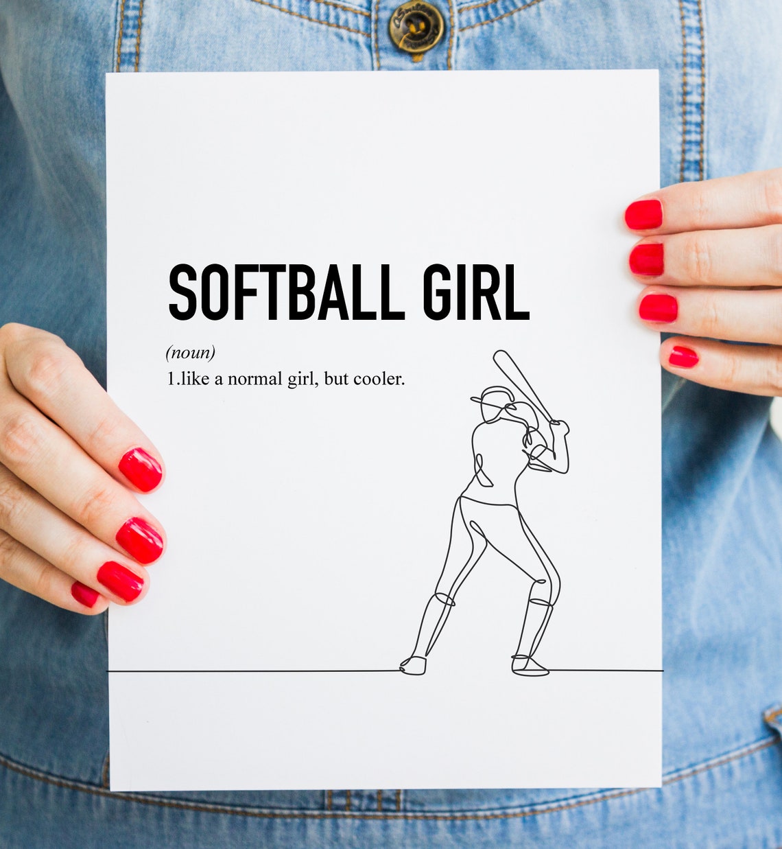 Softball Girl Like a Normal Girl But Cooler Line Drawing Poster - Image 2