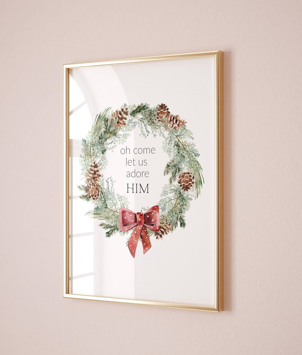 Oh Come Let Us Adore Him Watercolor Christmas Wreath Art Print - Image 2