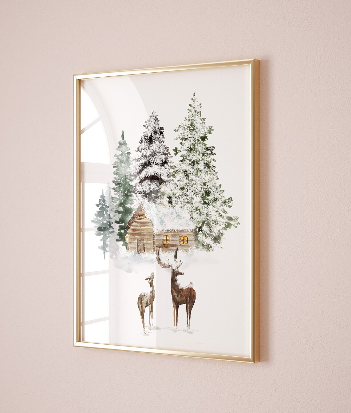 Winter Cabin In Snowy Pines With Deer Watercolor Christmas Poster
