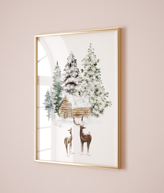 Winter Cabin In Snowy Pines With Deer Watercolor Christmas Poster