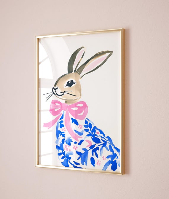 Coquette Easter Decor Easter Bunny Wall Art Trendy Spring Wall Print Grandmillenial Easter Rabbit Poster Cute Pink Bow Nursery Art