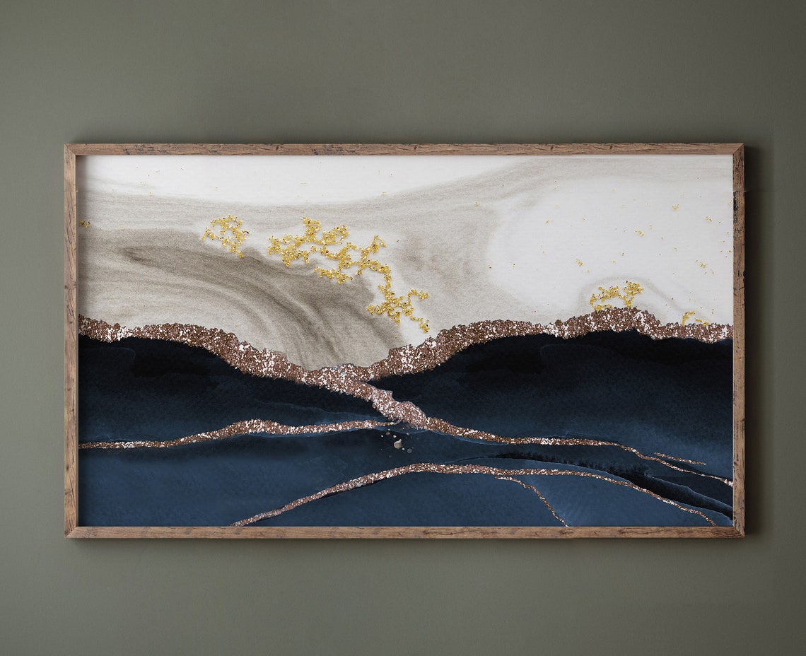 Navy Gold Marble Abstract Landscape Modern Luxury Art Poster - Image 2