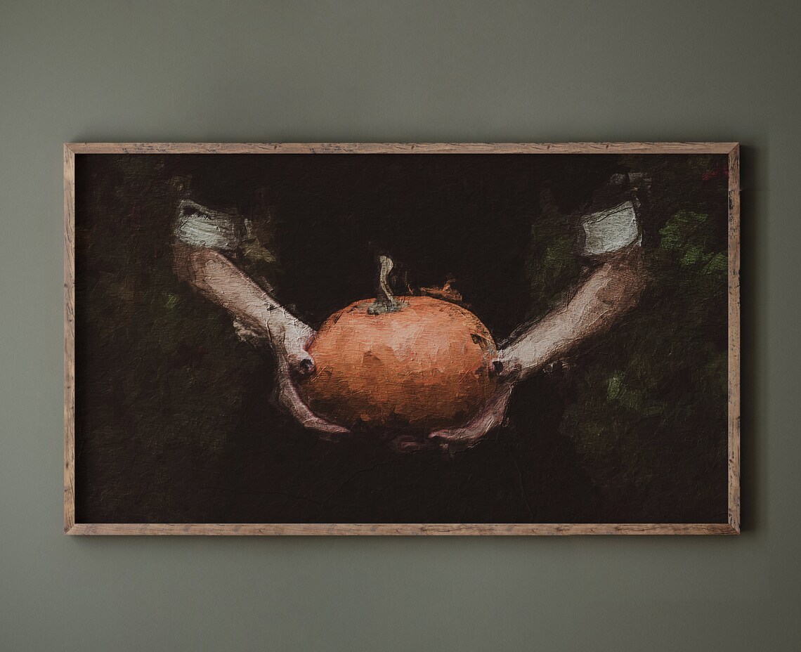 Dark Gothic Figure Holding Pumpkin Moody Halloween Oil Painting Poster - Image 2