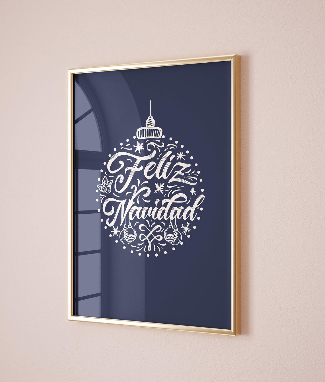 Feliz Navidad Christmas Ornament Script Navy Holiday Poster Art