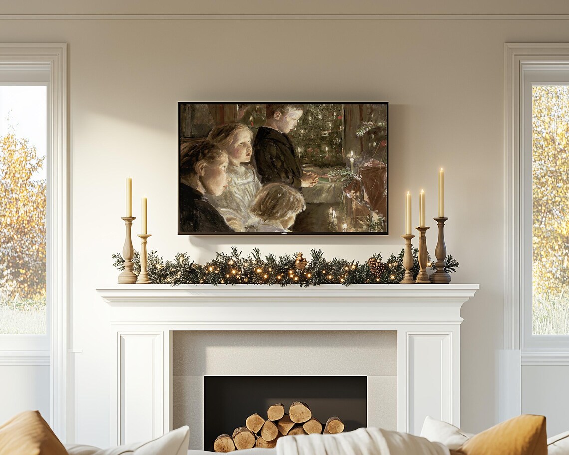 Children By Christmas Tree Candlelight Vintage Painting Art Print - Image 2
