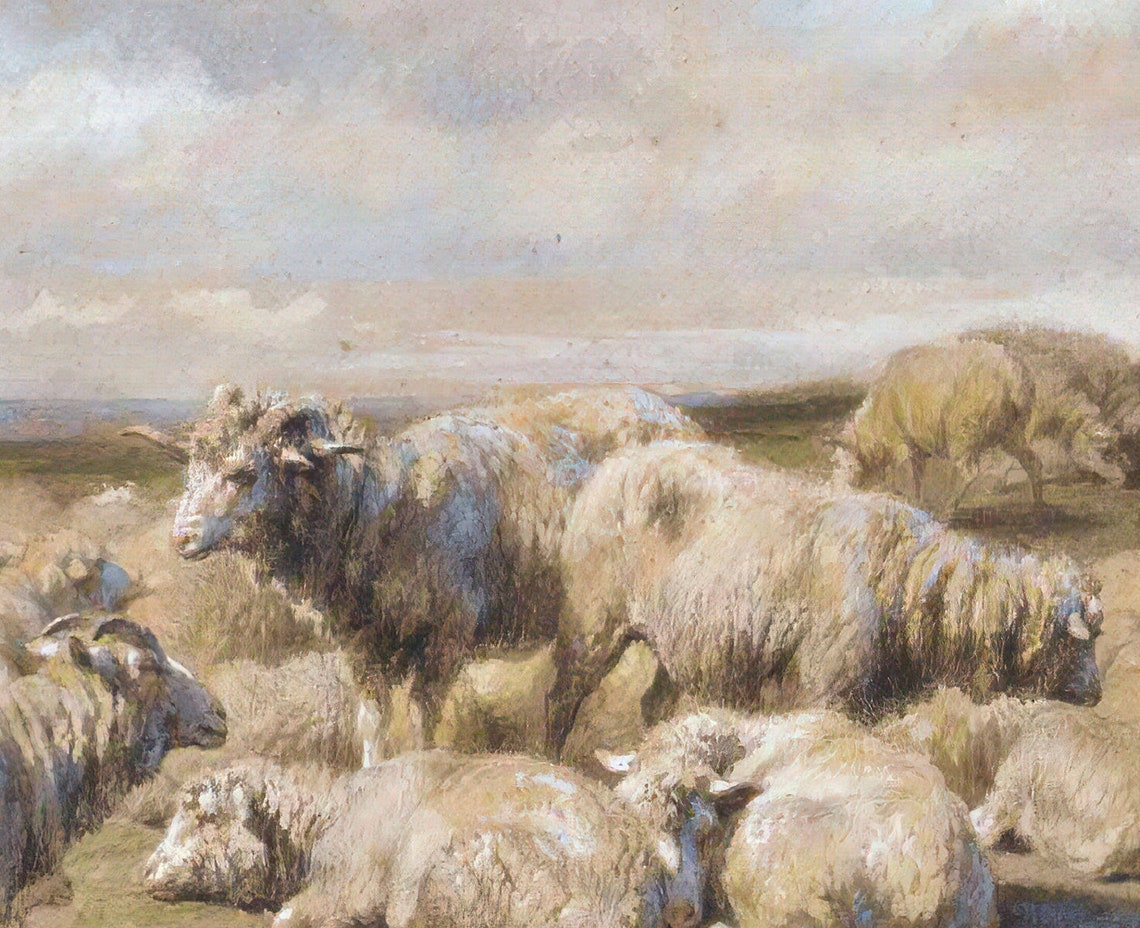 Sheep Flock Resting Pasture Shepherd Antique Oil Painting Poster - Image 2