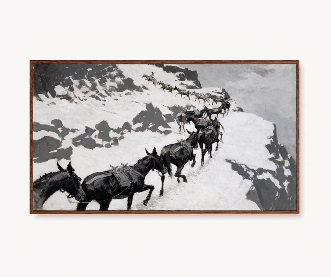 Vintage Horse Pack Train Snowy Mountain Pass Winter Decor Poster