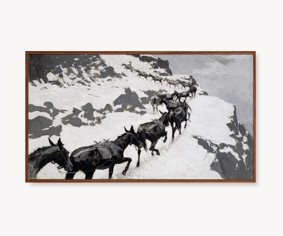 Frame Tv Art Vintage Horse Painting Antique Black White Winter Mountain Snowy Landscape Moody Dark Academia Wall Decor 4k Tv