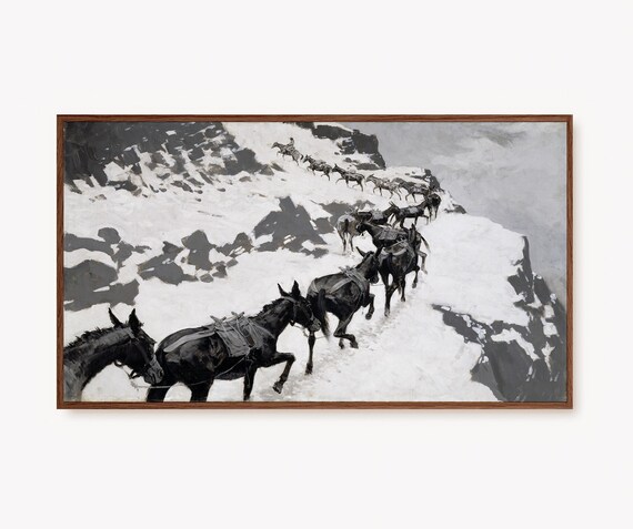 Vintage Horse Pack Train Snowy Mountain Pass Winter Decor Poster