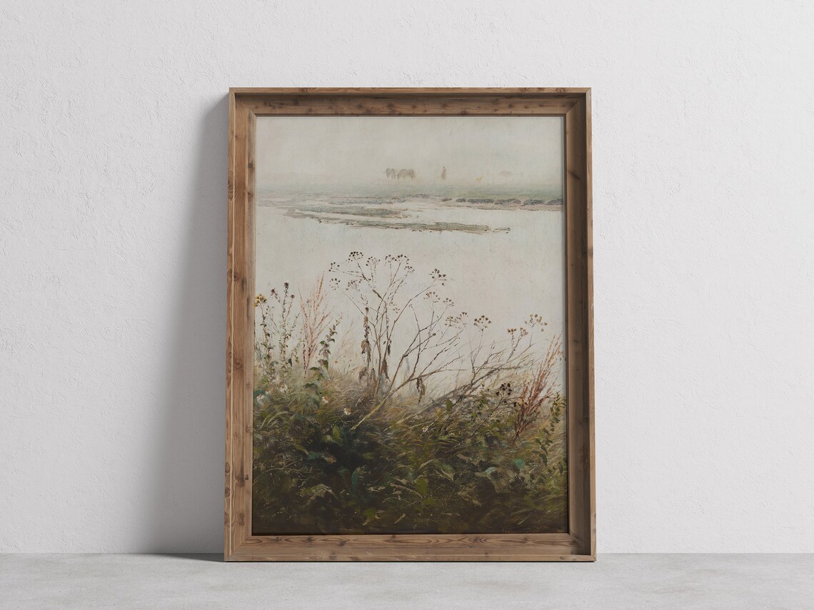 Vintage Wildflowers Misty Marsh Morning Landscape Botanical Art Poster