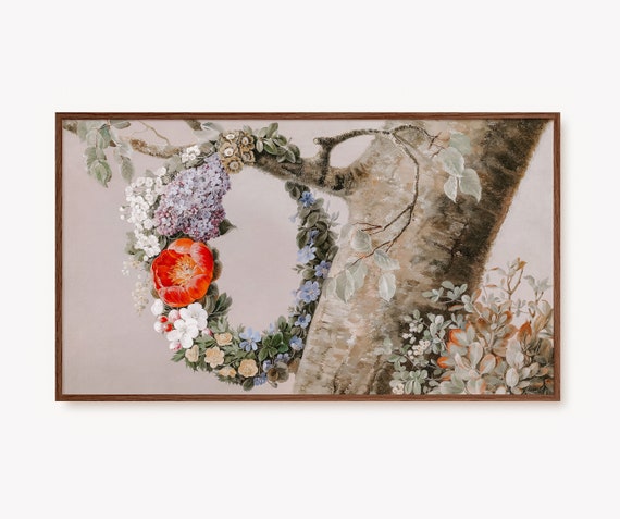 Frame Tv Art Flowers Painting Moody Vintage Red Flowers Wreath Print Antique Floral Artwork Old Botanical Art