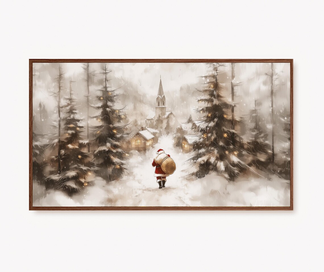 Vintage Christmas Village Art Print, Winter Landscape