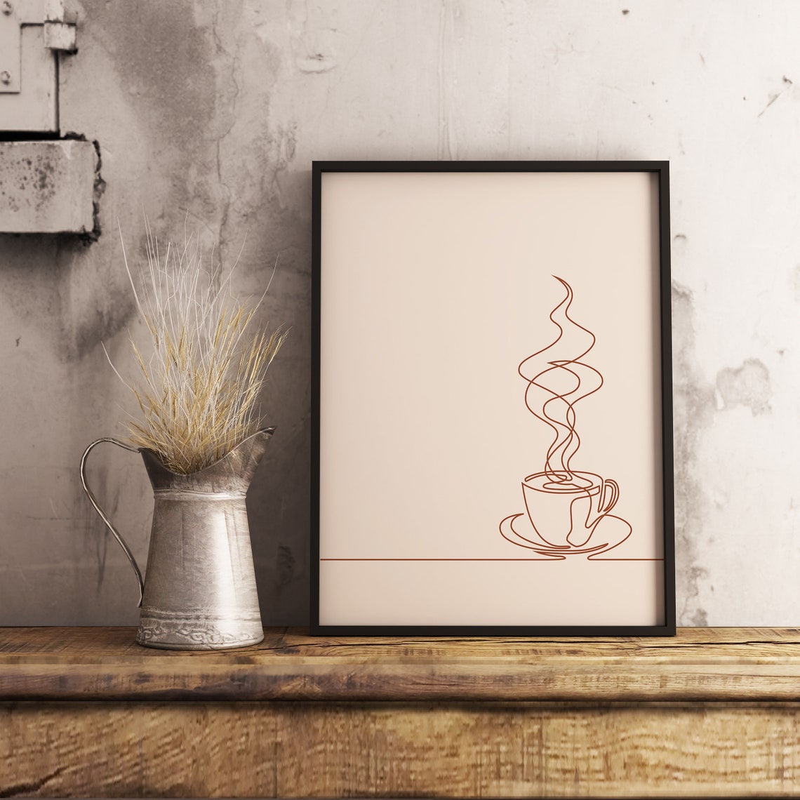 Steaming Coffee Cup Single Line Art Rustic Brown Kitchen Poster - Image 2