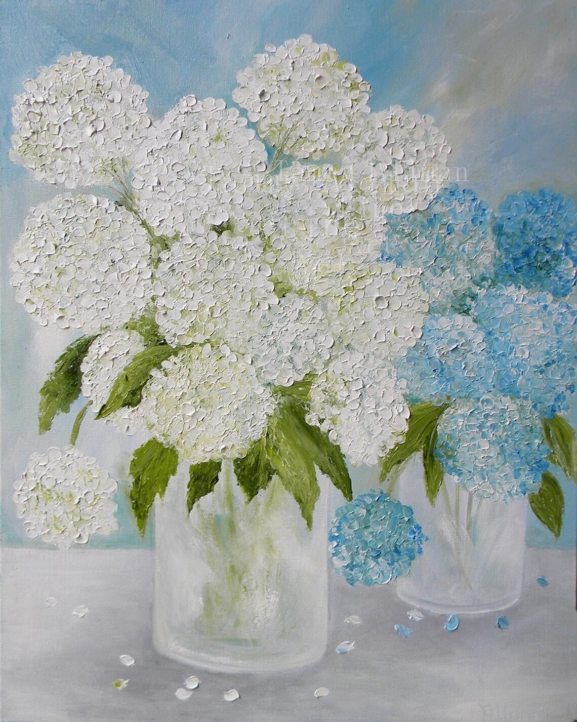 Blue and White Hydrangea Impasto Oil Painting Art Print - Image 5