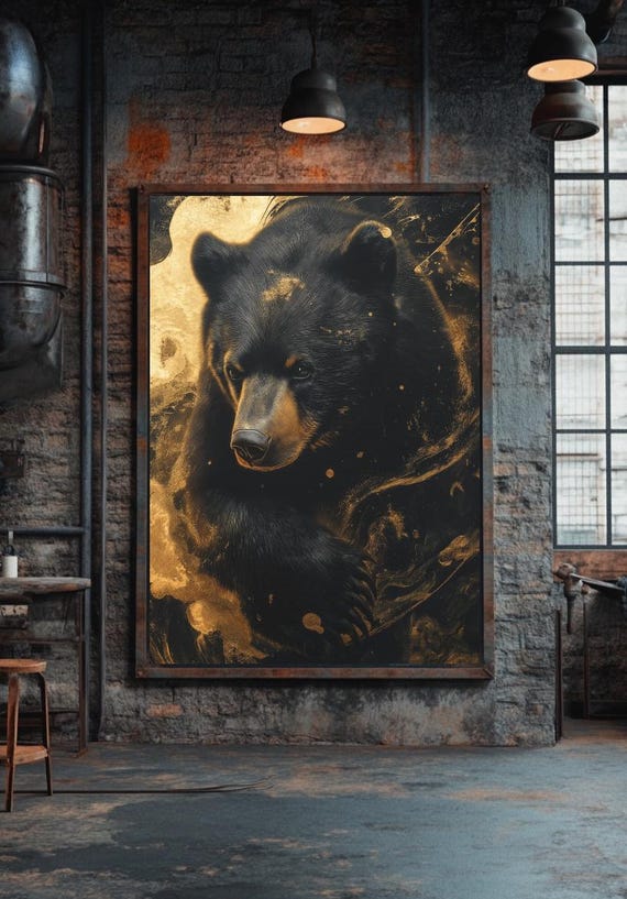 Black Bear Canvas Art Gold Animal Painting For Cabin Or Lodge Decor Luxury Wildlife Wall Bold Print Modern Man Cave