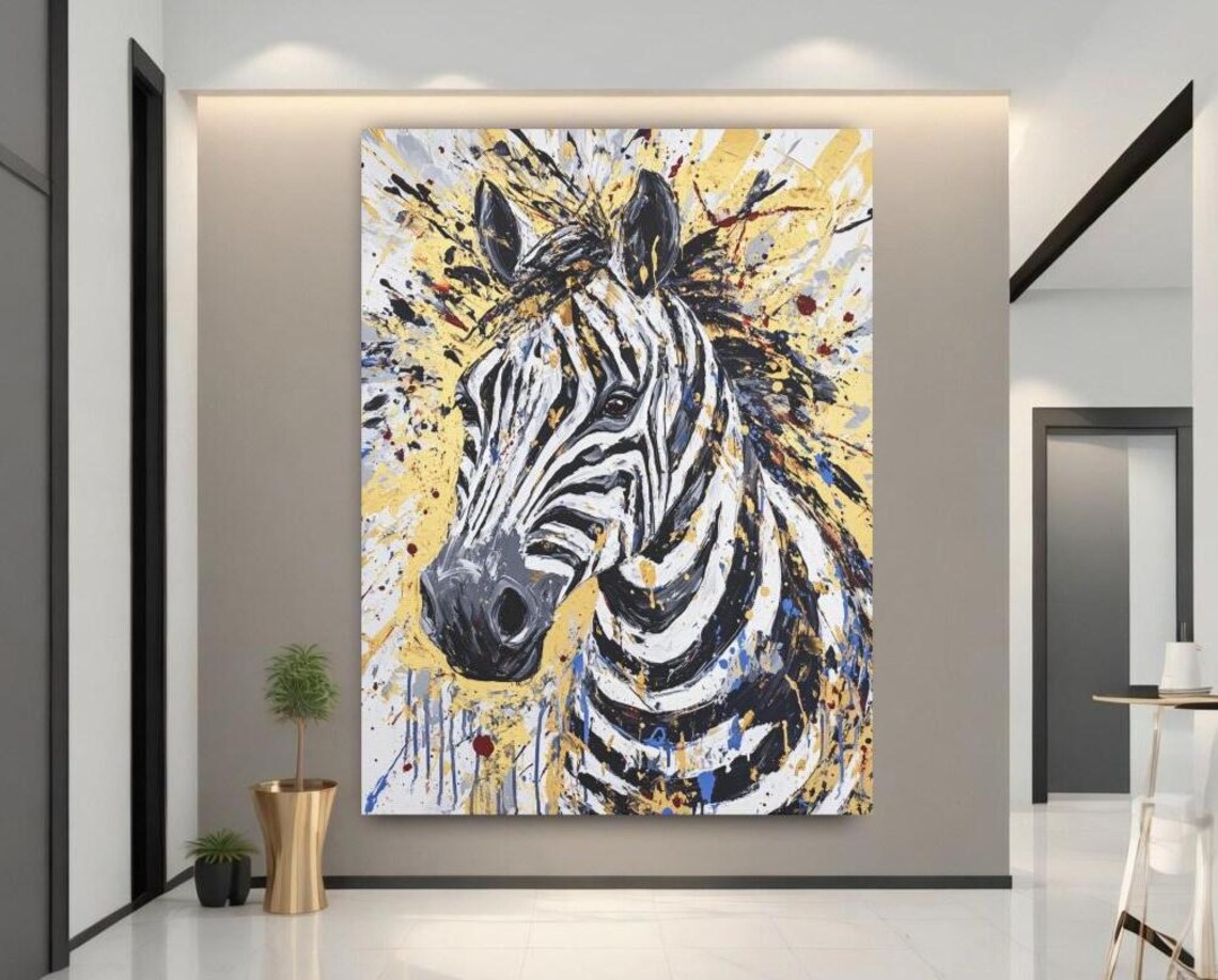 Zebra Portrait Painting Bold Black White Gold Safari Wall Art