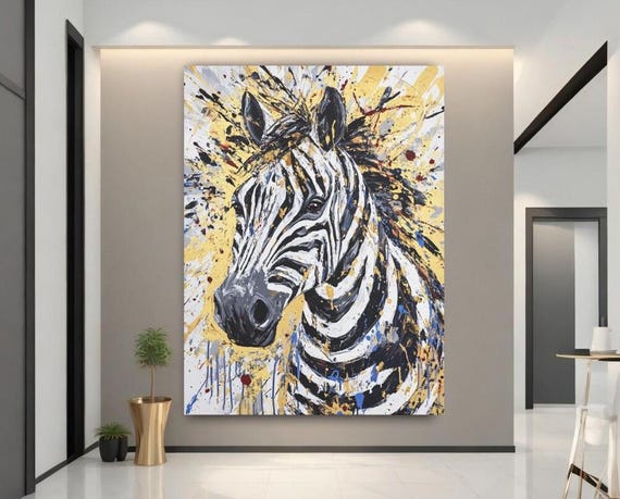 Zebra Canvas Art Bold Safari Wall Decor Black White Gold Animal Painting Jungle Glam Luxury Wildlife Statement Piece