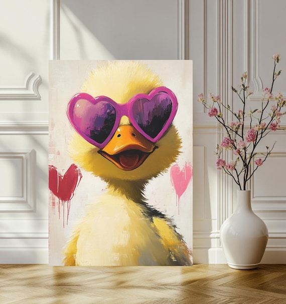 Cool Duckling Wearing Pink Heart Sunglasses Pop Art Canvas Poster