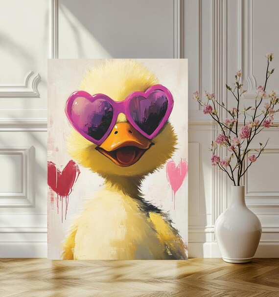Cute Duck Wall Art Funny Animal Canvas Print Yellow With Heart Sunglasses Gift Bathroom Decor Quirky Nursery Room